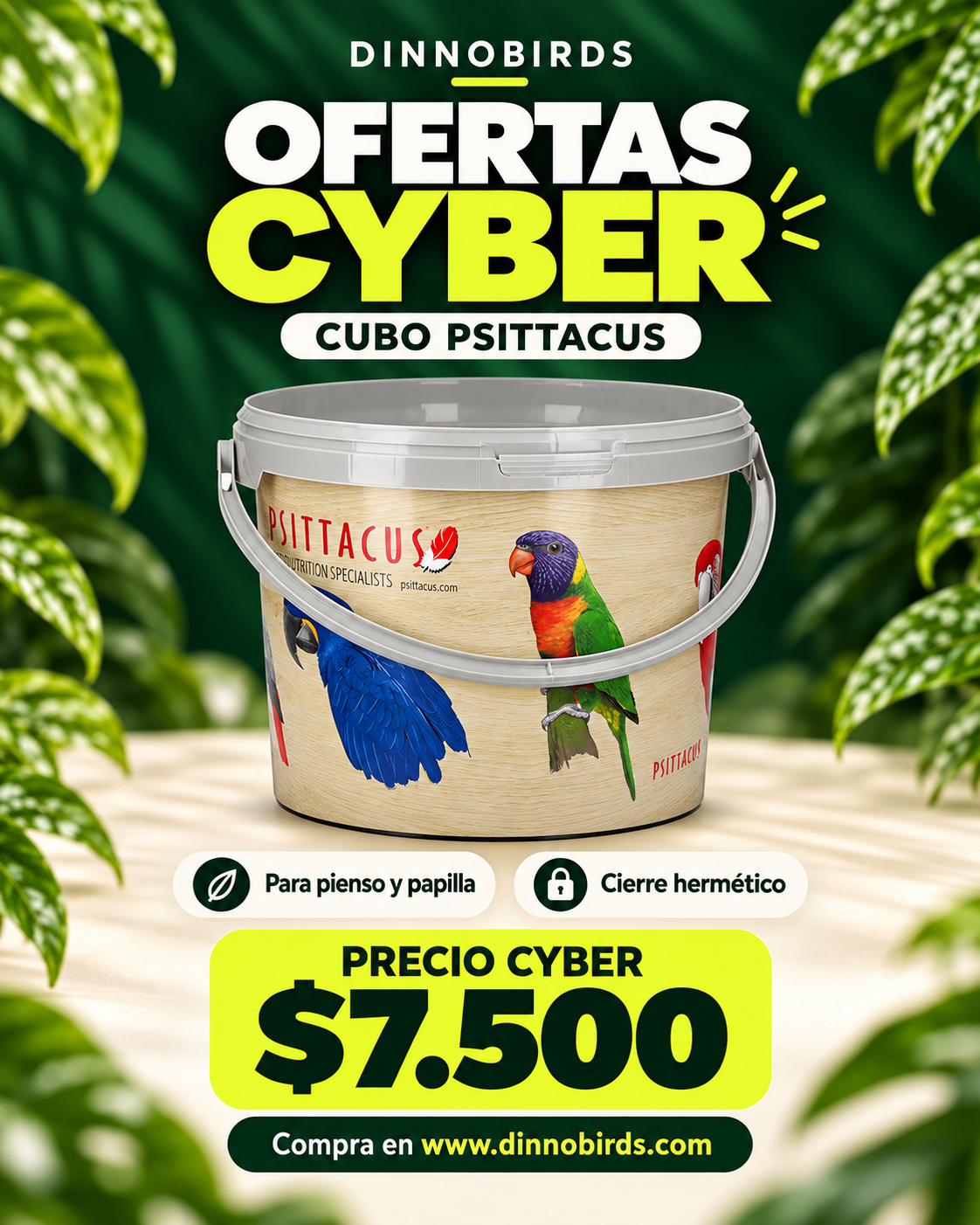 Cubo Psittacus para pienso y papilla, oferta Cyber $7.500
